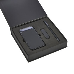 5057 Siyah Hediyelik Set - Led Işıklı 10.000Mah Powerbank - Led Işıklı Usb Bellek Led Işıklı Rubber Metal Kalem - 