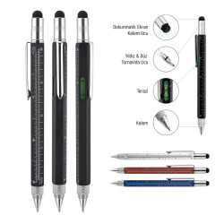 652 Kırmızı Metal Su Terazili - Tornavidalı Touchpen Kalem - 